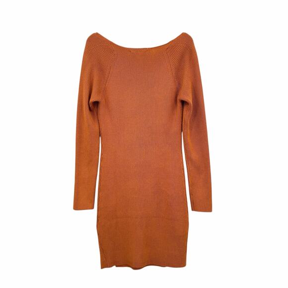 Hyfve Brown Ribbed Knit Sweetheart Neckline Bodycon Long Sleeve Fall Mini Dress - Picture 9 of 12